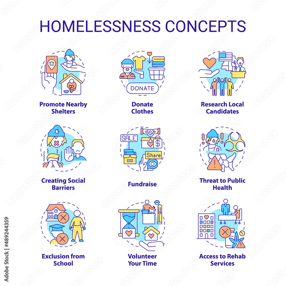 Homelessness concept icons set