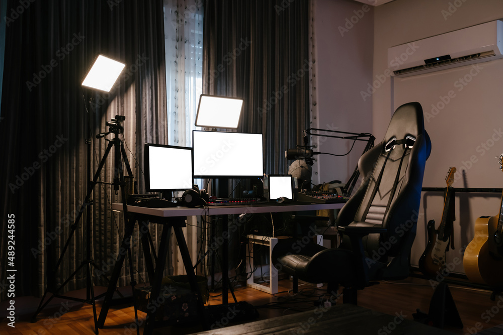Streamer desk, workspace of a young person broadcasting on online
