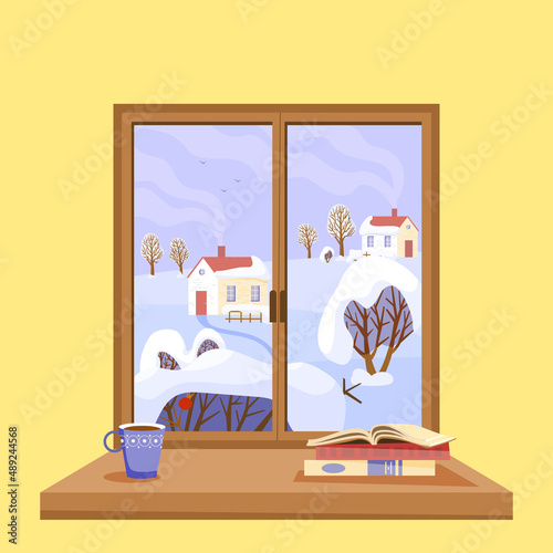 Winter time. Wooden window overlooking the rural landscape. Frosty snowy winter with trees and bushes, fields, hills and houses. Nature at different times of the year. Vector.