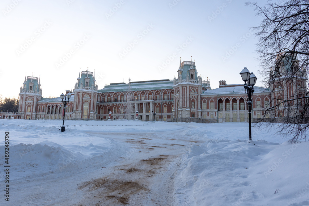 Obraz premium view of the main palace in the Tsaritsyno museum on a winter day