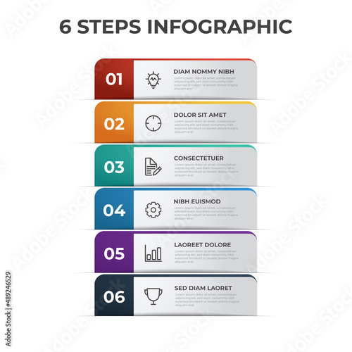 6 list of steps diagram, vertical row layout with number of sequence and icons, infographic element template
