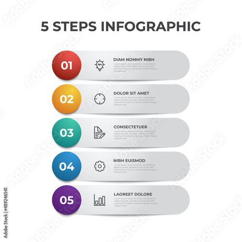 5 row list of steps, layout diagram with number of sequence and icons, infographic element template