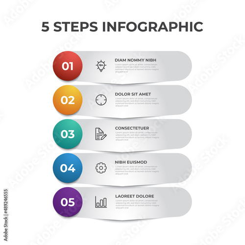 5 list diagram, vertical row of steps layout with number of sequence and icons, infographic element template