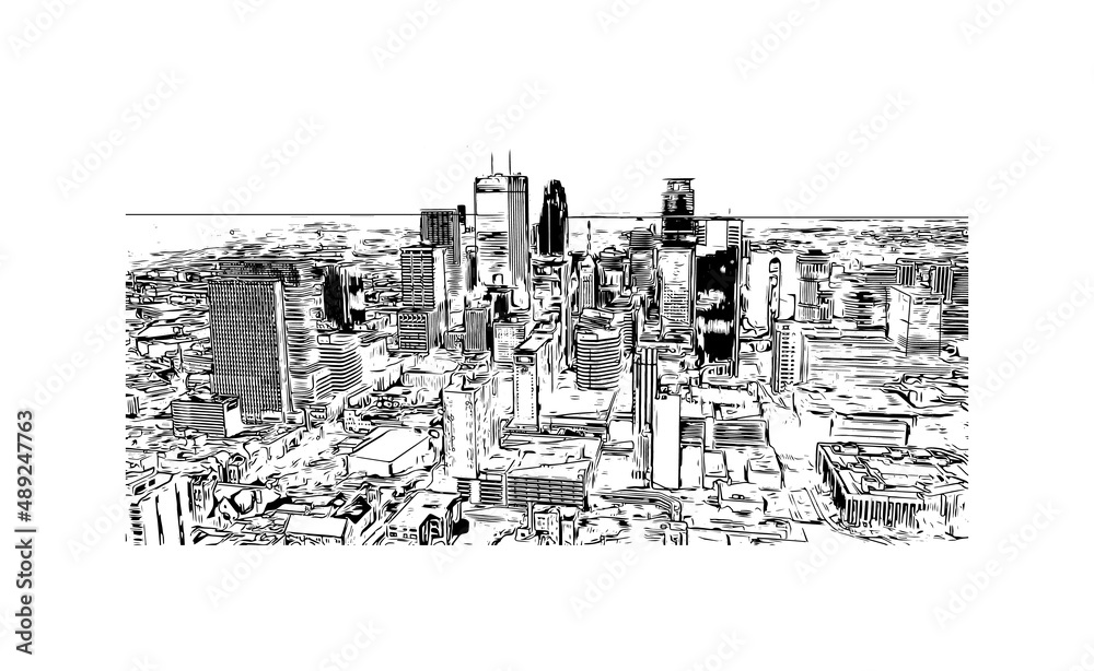 Building view with landmark of Minneapolis is the 
city in Minnesota. Hand drawn sketch illustration in vector.