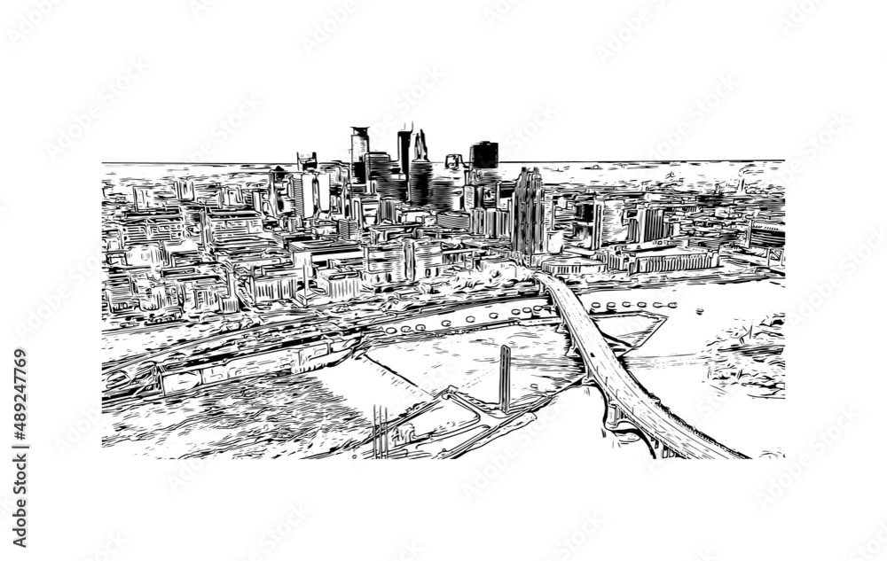 Obraz premium Building view with landmark of Minneapolis is the city in Minnesota. Hand drawn sketch illustration in vector.