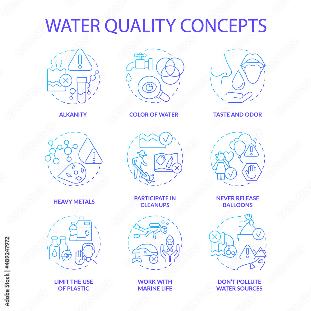 Water quality blue gradient concept icons set. Protect from pollution idea thin line color illustrations. Limit plastic use. Taste and odor. Isolated symbols. Roboto-Medium, Myriad Pro-Bold fonts used Water quality blue gradient concept icons set. Protect from pollution idea thin line color illustrations. Limit plastic use. Taste and odor. Isolated symbols. Roboto-Medium, Myriad Pro-Bold fonts used