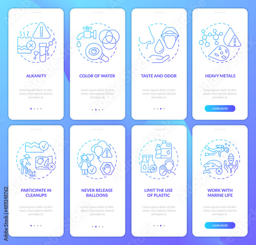 Prevent water pollution blue gradient onboarding mobile app screen set. Walkthrough 4 steps graphic instructions pages with linear concepts. UI, UX, GUI template. Myriad Pro-Bold, Regular fonts used