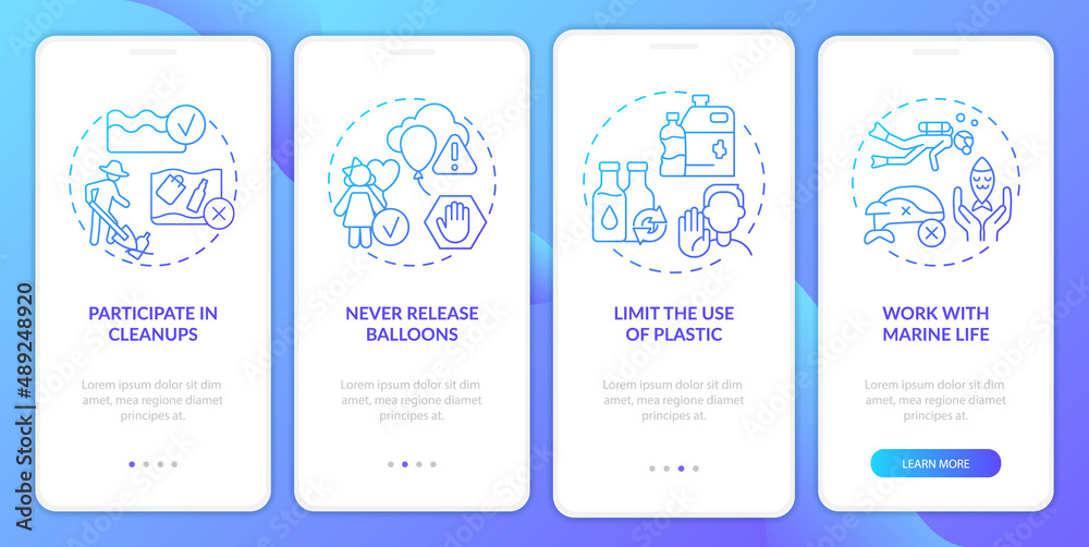 Naklejka premium Save ocean from pollution blue gradient onboarding mobile app screen. Walkthrough 4 steps graphic instructions pages with linear concepts. UI, UX, GUI template. Myriad Pro-Bold, Regular fonts used