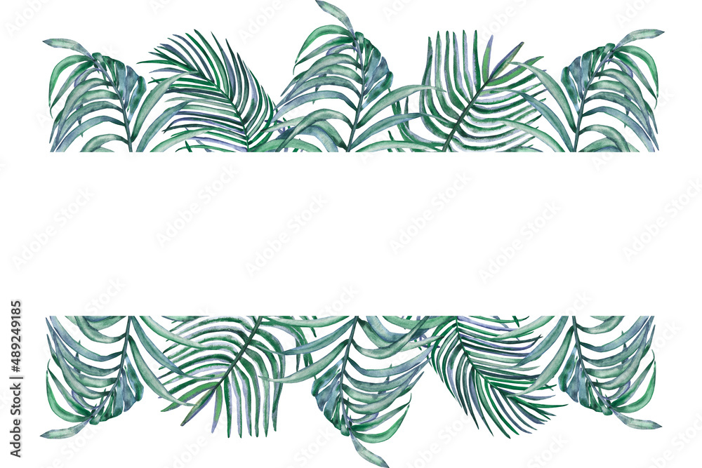 Watercolor hand painted nature tropical banner frame with green palm leaves bouquet composition on the white background for invite and greeting card design with space for text