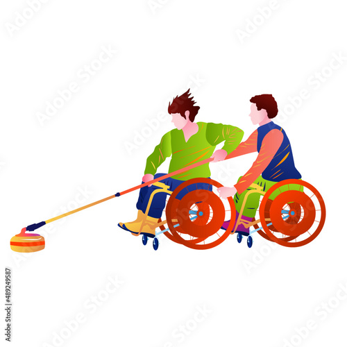 Cartoon illustration of wheelchair curlers team, push the stone with a cue. Wheelchair curling vector. 