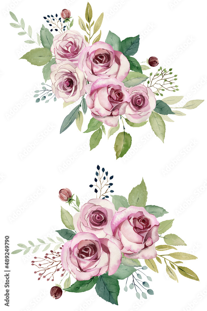 Watercolor bouquets of roses on the white background
