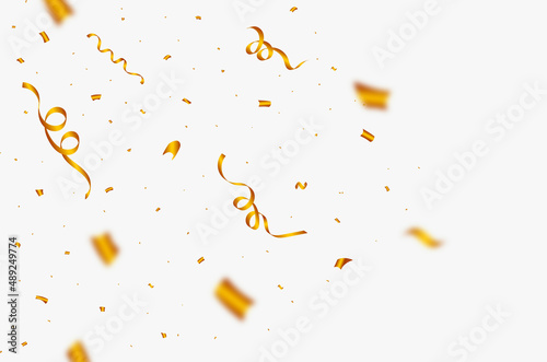 Golden confetti and ribbon blast illustration. Carnival celebration elements explosion vector. Golden confetti and tinsel falling on a white background. Festival and anniversary celebration elements.