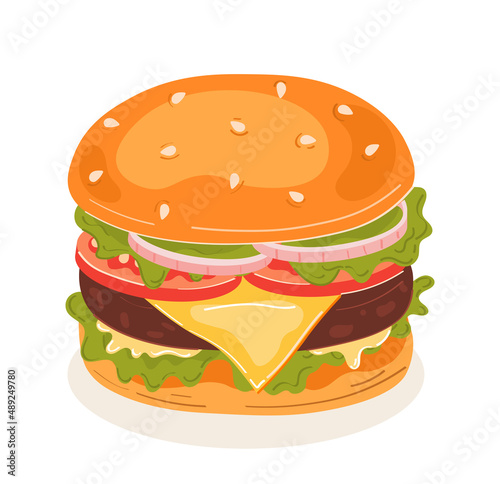 Hand draw Classic burger. American cheeseburger with lettuce  tomato  onion  cheese  beef and sauce isolated on white background. Fast food. Modern vector illustration.