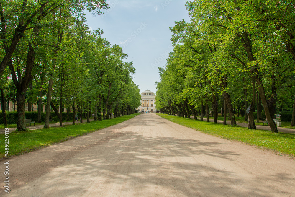 The view of the 18th century Pavlovsk Imperial Palace built by the order of Catherine the Great from the green alley in Pavlovsk, Russia The view of the 18th century Pavlovsk Imperial Palace built by the order of Catherine the Great from the green alley in Pavlovsk, Russia
