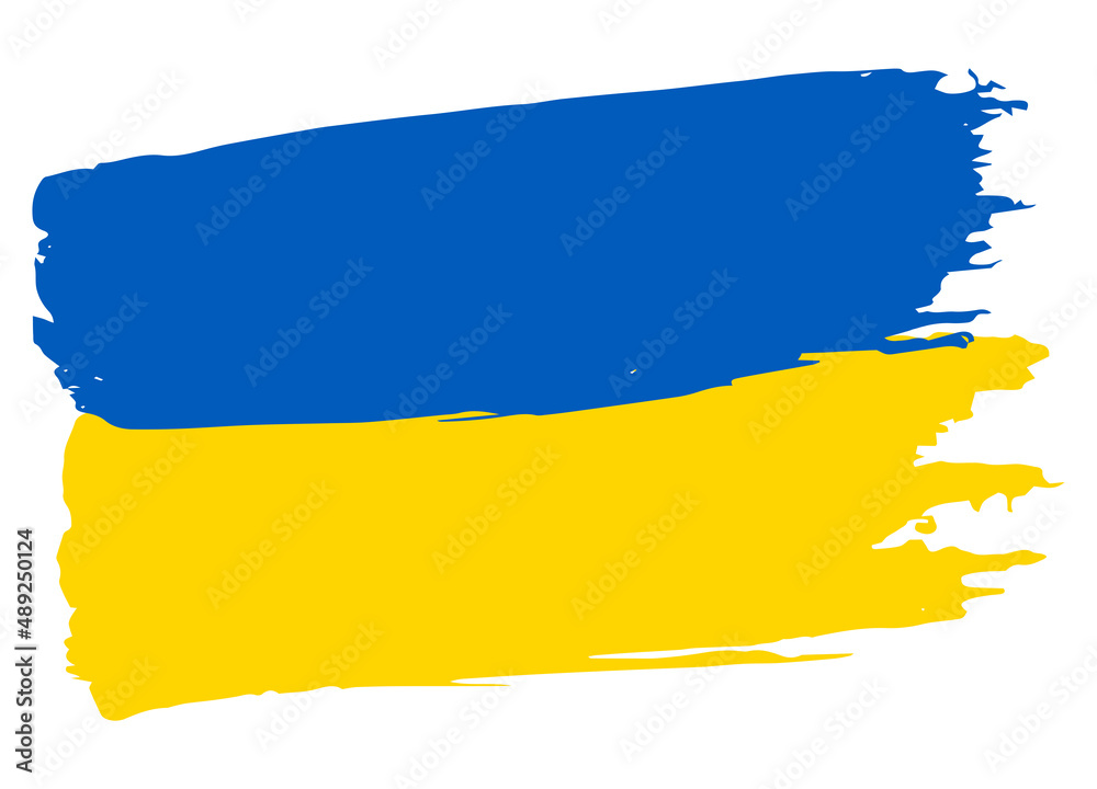 Obraz premium Flag of Ukraine. Vector illustration on gray background. National flag with two colors: blue and yellow. Beautiful brush strokes. Abstract concept. Elements for design. Painted texture.