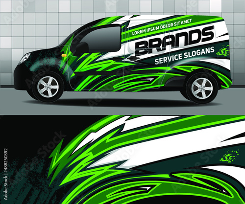 Delivery van vector design. Car design development for the company. Black background with light green and gray stripes for car vinyl sticker. Car sticker. 

