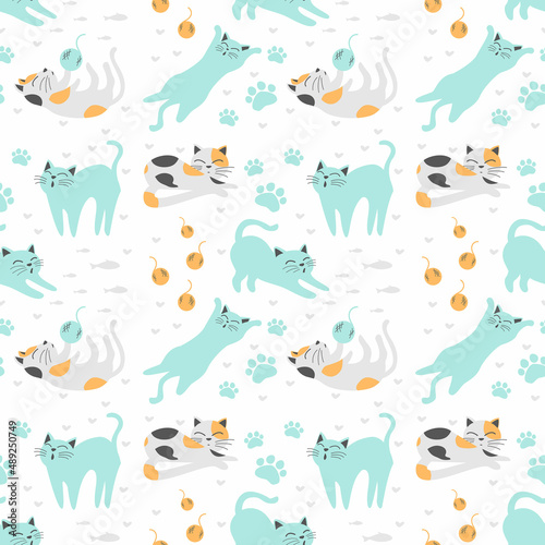 Cute cat seamless pattern with cute character, fish and paw print