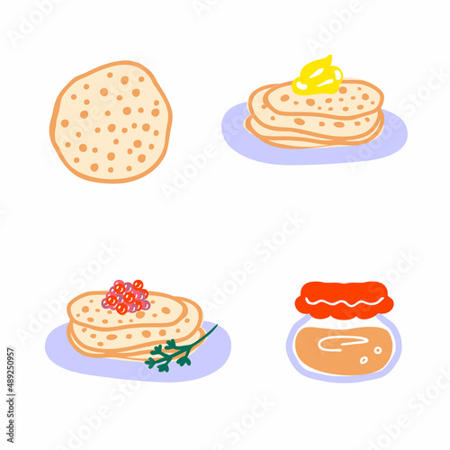 Pancakes with caviar, butter and jam vector elements collection. Perfect for logo, menu, stickers and print. Hand drawn vector illustration for decor and design.