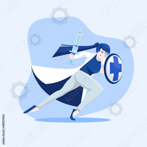 Illustration of female doctor in dinamic pose who is jumping in attack with sword and shield against bacteria