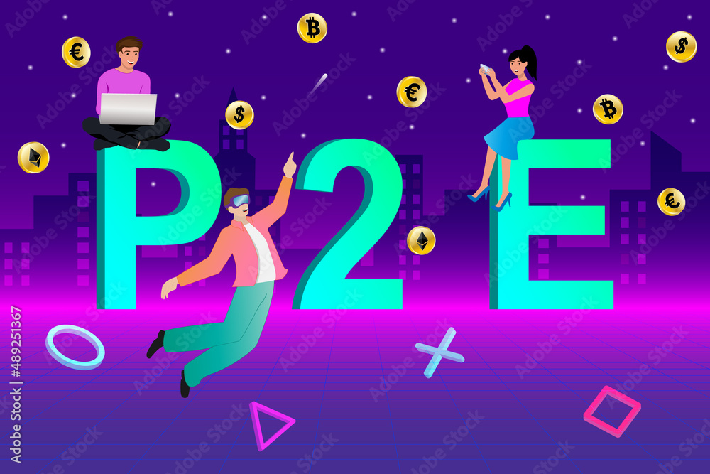 Naklejka premium Metaverse, play to earn, game finance technology concept design with cyber neon backgrounds.