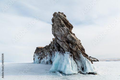 Island covered by ice in the middle on Baykal lake, Siberia