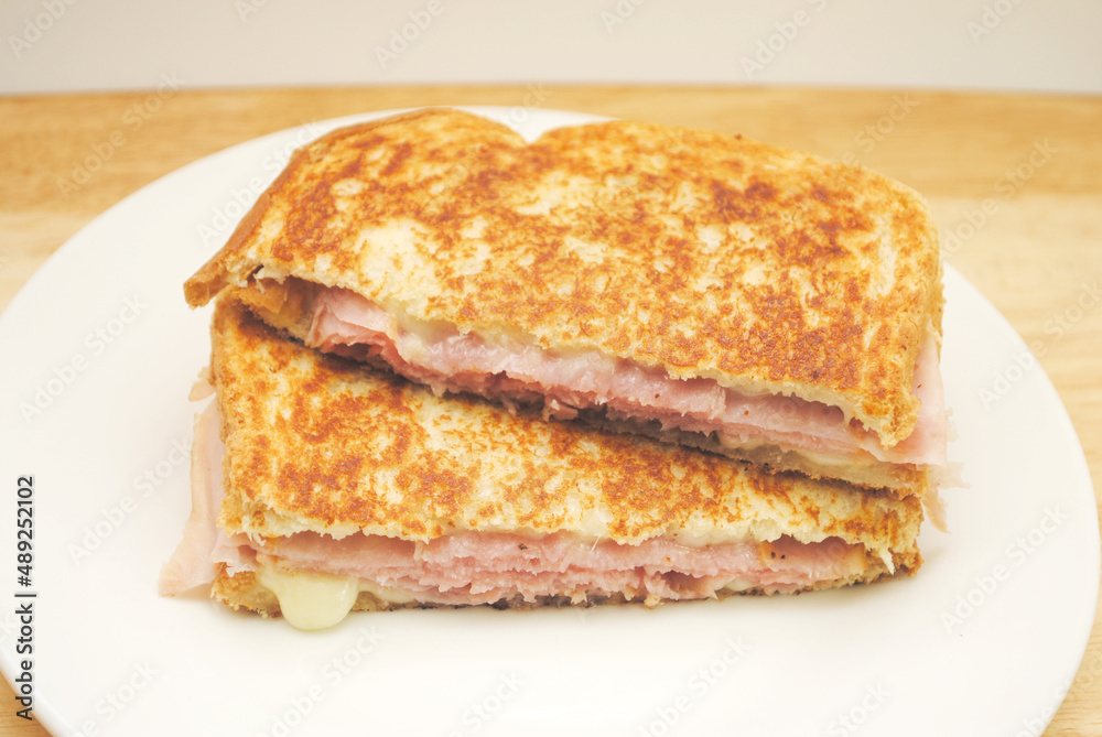Grilled Cheese and Ham Sandwich Served on a White Plate Grilled Cheese and Ham Sandwich Served on a White Plate