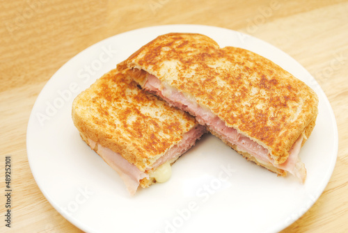 Grilled Cheese and Ham Sandwich Served on a White Plate	