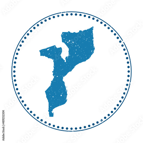 Mozambique sticker. Travel rubber stamp with a map of the country, vector illustration. Can be used as an insignia, logotype, label, sticker, or badge of Mozambique.