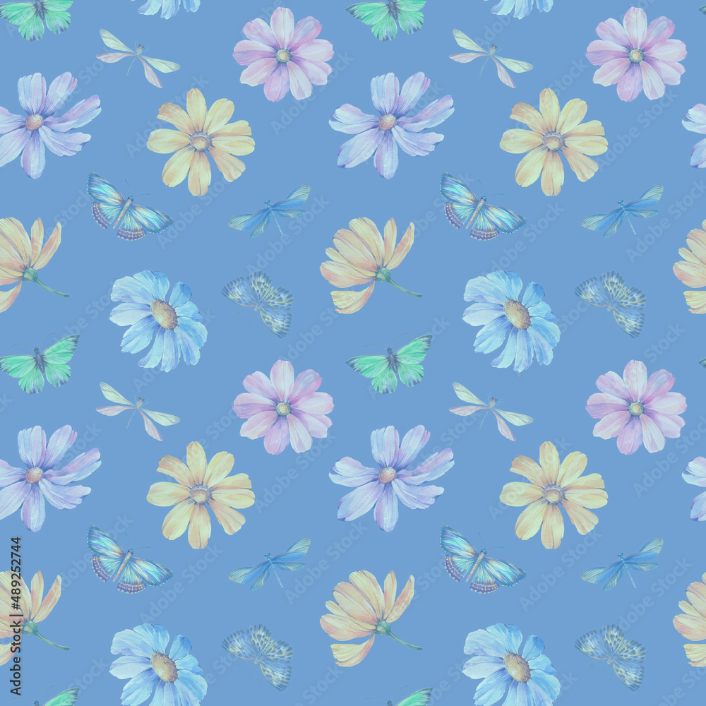 Seamless botanical abstract pattern. A background of flowers and butterflies for design, packaging, printing, wallpaper and scrabbooking.