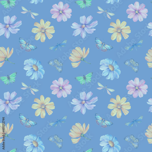 Seamless botanical abstract pattern. A background of flowers and butterflies for design  packaging  printing  wallpaper and scrabbooking.