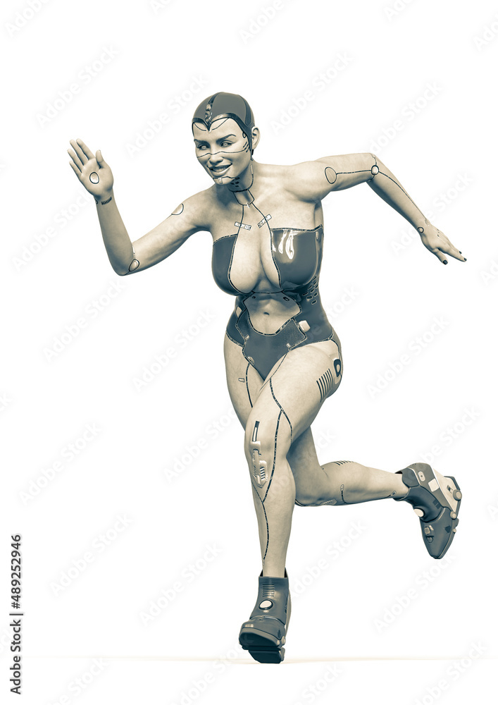 super cyborg girl is jogging and smiling in white background super cyborg girl is jogging and smiling in white background
