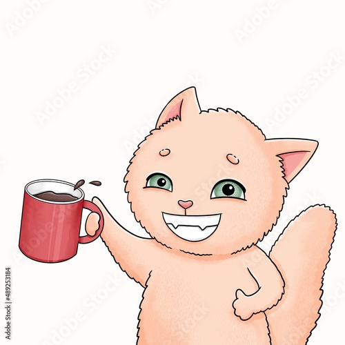 Cat with coffee cup, cute coffee addicted animal