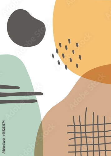 Abstract form painting, yellow, blue, brown, black