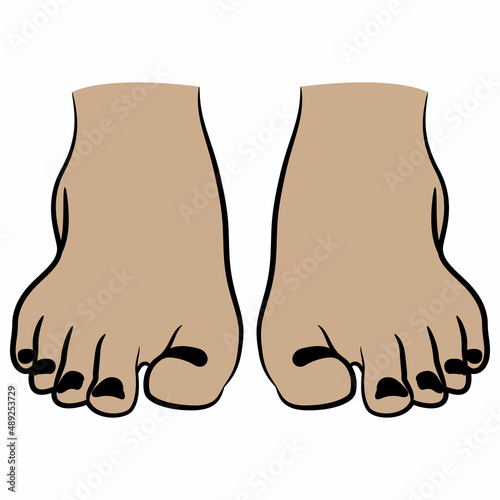 Front view of two bare human feet with black nails. Cartoon style.