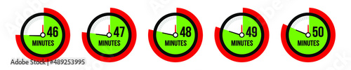 46,47,48,49,50 minutes timer, stopwatch and countdown icon. Time measure.

