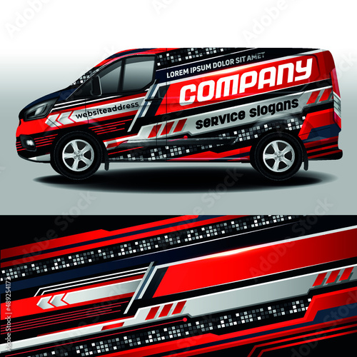 Development of car design for the company. Van Car Wrapping Decal.Car branding. Car brand sticker in black and red colors

