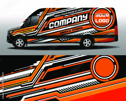 Vector design of delivery van. Car sticker. Car design development for the company. Black with orange background for car vinyl sticker

