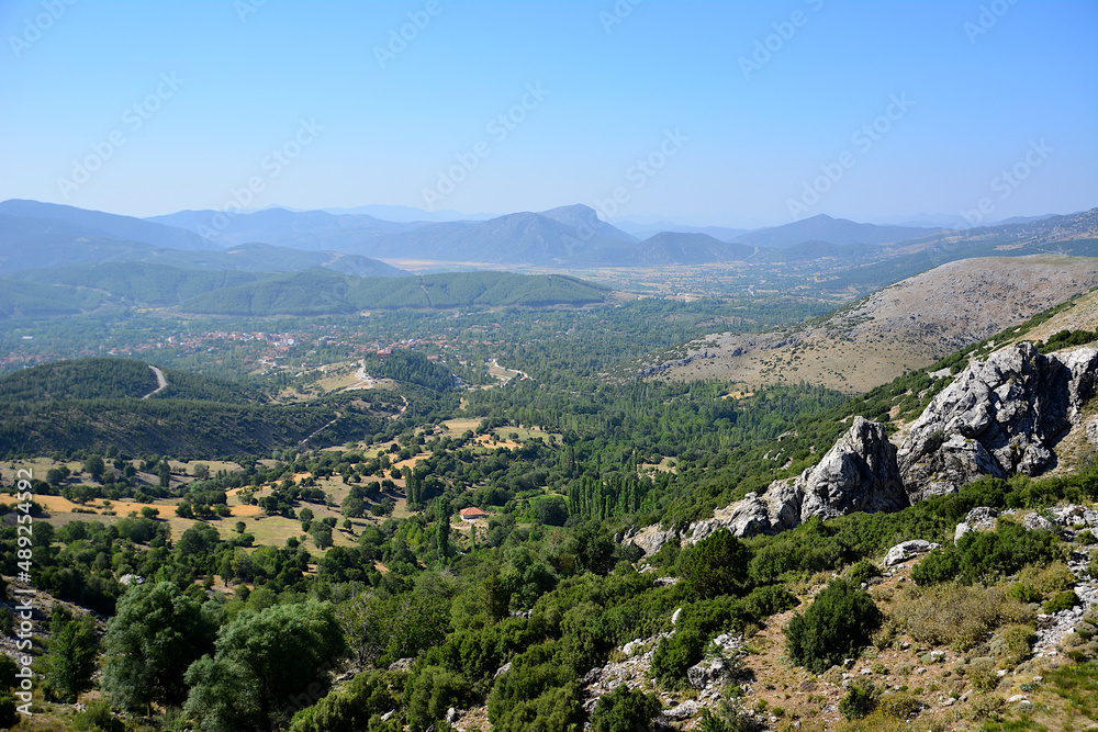 mountain range with trees and stones on blue sky background, view from top, Turkey