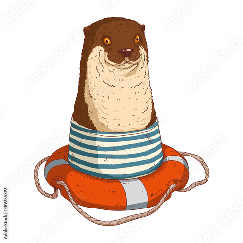 An otter in a lifebuoy, isolated vector illustration. Funny anthropomorphic otter wearing a sailor's striped shirt and using a life preserver. Humanized animal character. Safety on the water concept