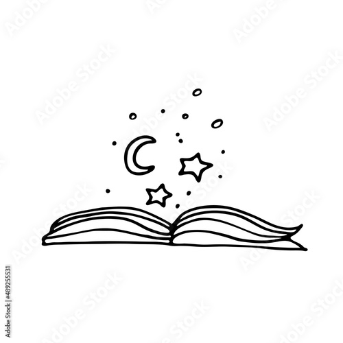 A magic book on astrology, a book of spells and witchcraft. Doodle style. Vector illustration isolated on a white background.