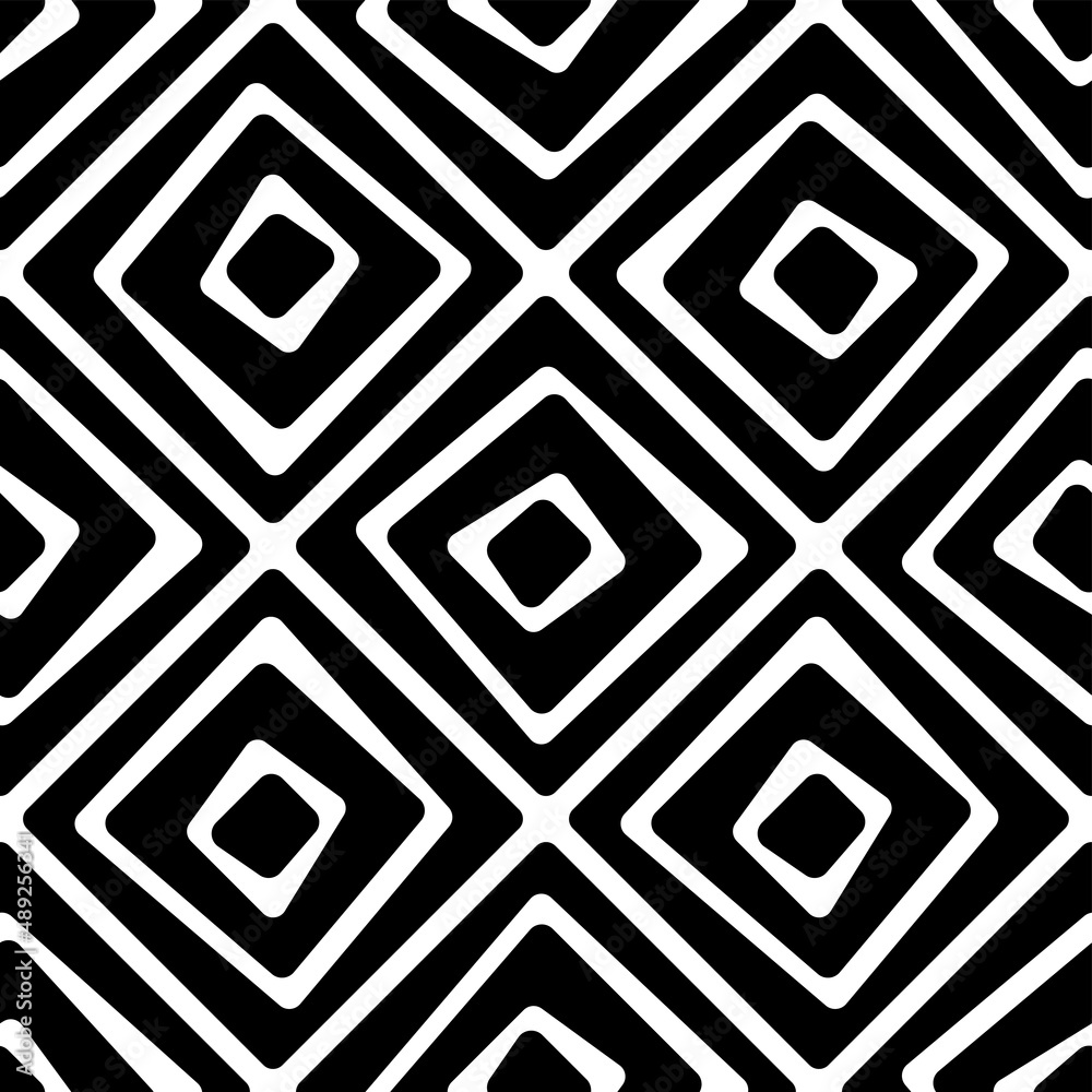Black curved squares and rhombuses isolated on white background. Monochrome geometric tiled seamless pattern. Vector simple flat graphic illustration. Texture. Black curved squares and rhombuses isolated on white background. Monochrome geometric tiled seamless pattern. Vector simple flat graphic illustration. Texture.