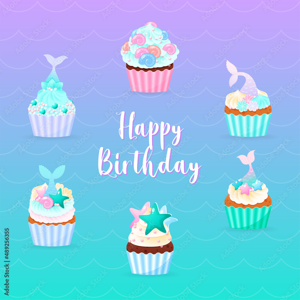 Happy Birthday card with mermaid cupcakes. Illustrations of 6 sweet muffins decorated with cream, sea shells, star fish, pearls and mermaid tails. Vector 10 EPS. Happy Birthday card with mermaid cupcakes. Illustrations of 6 sweet muffins decorated with cream, sea shells, star fish, pearls and mermaid tails. Vector 10 EPS.
