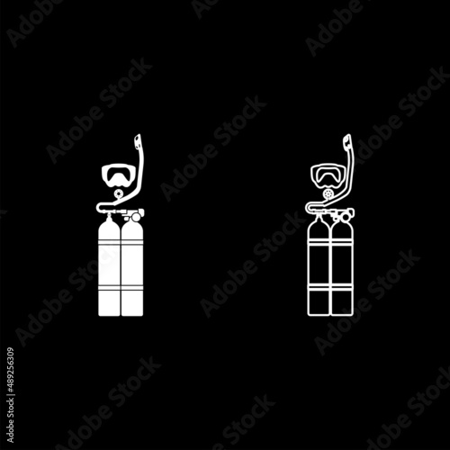 Set of skin-diver scuba diver mask snorkel aqualung dive tank cylinders balloon diving gear set icon white color vector illustration image solid fill outline contour line thin flat style
