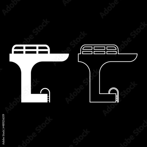 Tower in the pool for jump board diving springboard swimming set icon white color vector illustration image solid fill outline contour line thin flat style