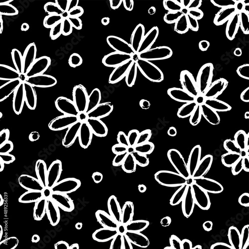 White ink contour linear flowers isolated on black background. Cute monochrome floral seamless pattern. Vector simple flat graphic hand drawn illustration. Texture.