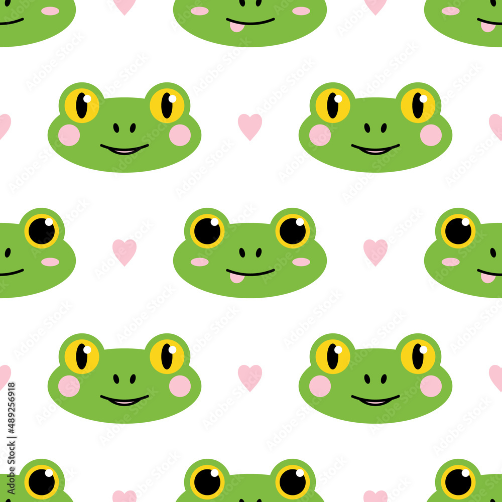 Vector seamless pattern background with cute cartoon style green frogs and pink hearts.
Vector seamless pattern background with cute cartoon style green frogs and pink hearts.