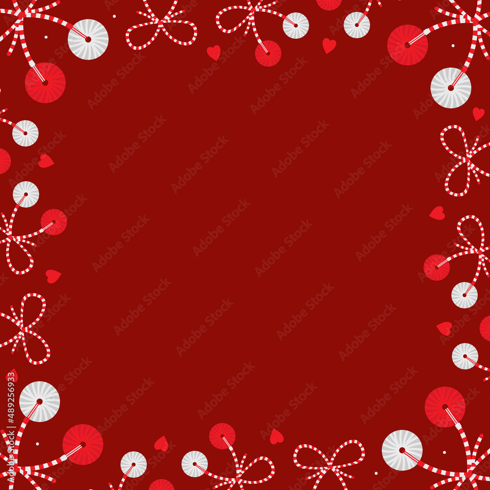 Red card template, frame, border with cute martisor talismans, gifts, traditional accessories and hearts for holiday of early spring in Romania and Moldova. Red card template, frame, border with cute martisor talismans, gifts, traditional accessories and hearts for holiday of early spring in Romania and Moldova.