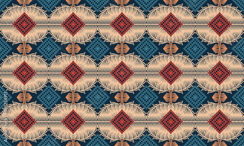 1Geometric Tribal seamless pattern. Traditional design for background, wallpaper, paper, packaging, fabric, clothing, gift wrapping, carpet, tile, decoration, vector illustration, embroidery style.