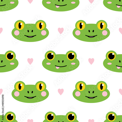 Vector seamless pattern background with cute cartoon style green frogs and pink hearts. 