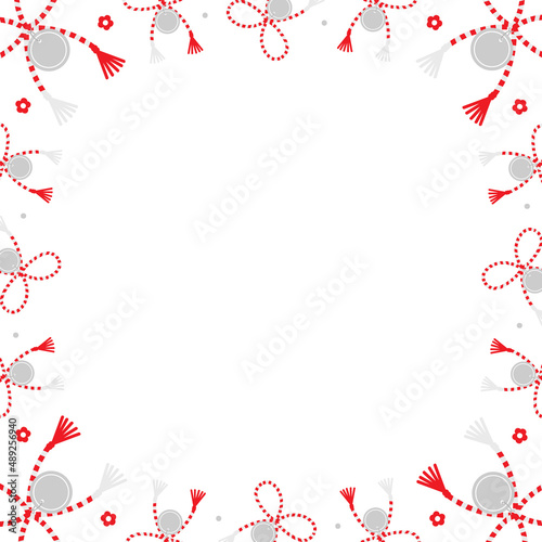 Cute vector cartoon style card template, frame, border with martisor talismans, gifts, traditional accessories and flowers for holiday of early spring in Romania and Moldova.